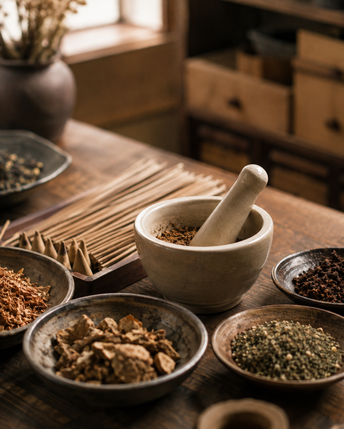 Incense-making workshop with tools and raw incense materials