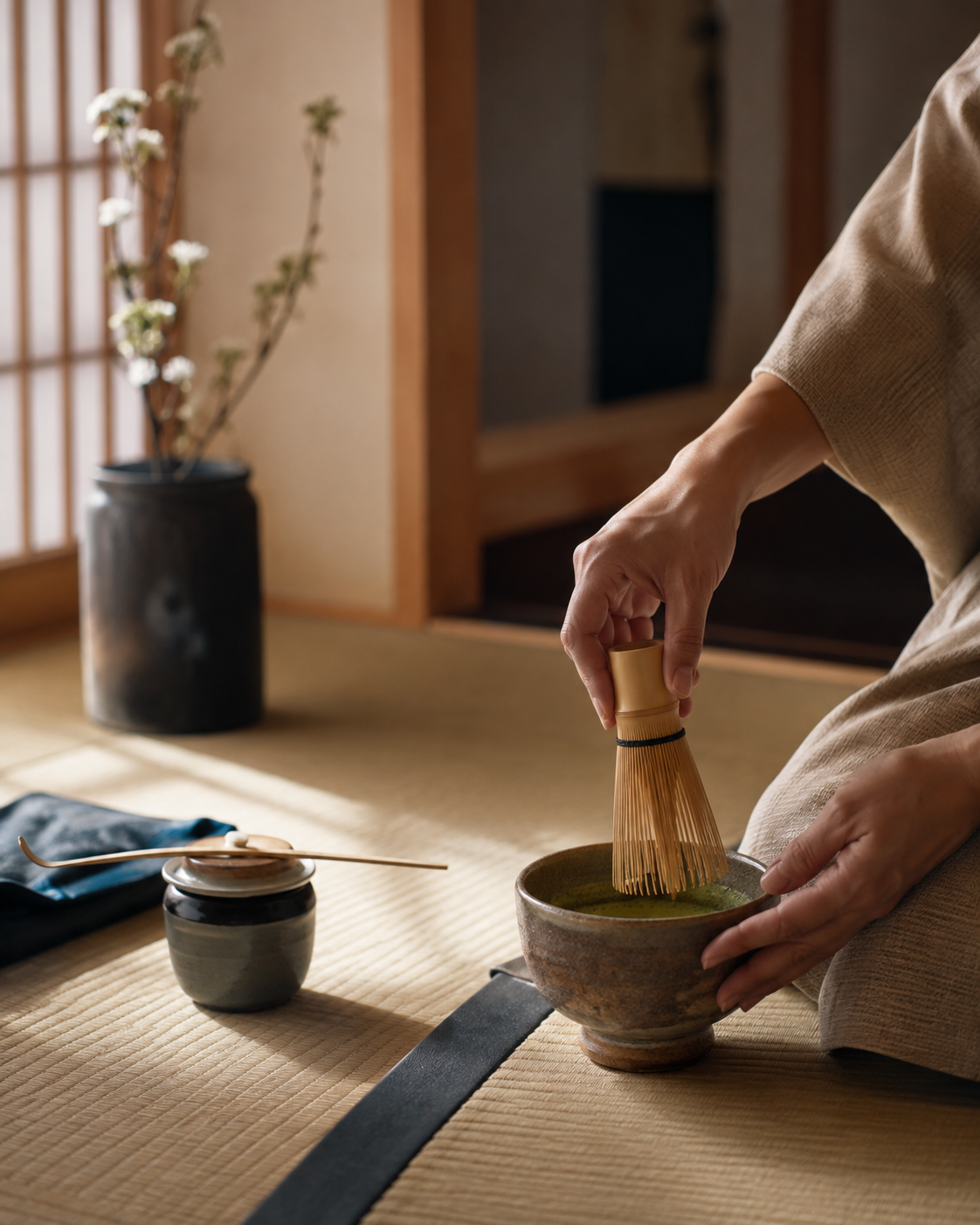 Matcha tea ceremony setup with whisk and bowl in a quiet Japanese interior